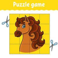 Puzzle game for kids. Horse animal. Education developing worksheet. Learning game for children. Color activity page. For toddler. Riddle for preschool. Isolated vector illustration in coon style.