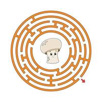 Funny circle maze. Game for kids. Puzzle for children. Cartoon style. Round labyrinth conundrum. Color vector illustration. Find the right path. The development of logical and spatial thinking.