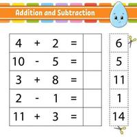 Addition and subtraction. Task for kids. Education developing worksheet. Activity page. Game for children. Funny character. Isolated vector illustration. Cartoon style.