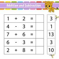 Addition and subtraction. Task for kids. Education developing worksheet. Activity page. Game for children. Funny character. Isolated vector illustration. Cartoon style.