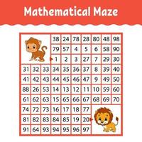 Mathematical maze. Game for kids. Funny labyrinth. Education developing worksheet. Activity page. Puzzle for children. Cartoon style. Riddle for preschool. Logical conundrum. Color vector illustration