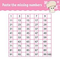 Paste the missing numbers. Handwriting practice. Learning numbers for kids. Education developing worksheet. Activity page. Game for children. Isolated vector illustration in cute cartoon style.