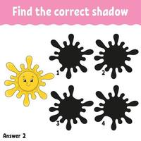 Find the correct shadow. Education developing worksheet. Matching game for kids. Activity page. Puzzle for children. Riddle for preschool. Cute character. Isolated vector illustration. Cartoon style.