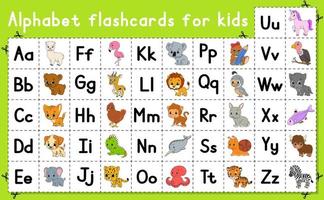 English alphabet with cartoon characters. Vector set. Bright color style. Learn ABC. Lowercase and uppercase letters.