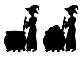 The witch is brewing a potion in a cauldron. Black silhouette. Design element. Vector illustration isolated on white background. Halloween theme.