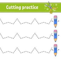 Cutting practice for kids. Education developing worksheet. Activity page with pictures. Game for children. Isolated vector illustration. Funny character. Cartoon style.