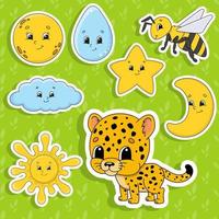 Set of stickers with cute cartoon characters. Cute clipart. Hand drawn. Colorful pack. Vector illustration. Patch badges collection. Label design elements. For daily planner, diary, organizer.