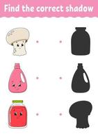 Find the correct shadow. Education developing worksheet. Matching game for kids. Activity page. Puzzle for children. Riddle for preschool. Cute character. Isolated vector illustration. Cartoon style.