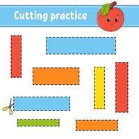 Cutting practice for kids. Education developing worksheet. Activity page with pictures. Game for children. Isolated vector illustration. Funny character. Cartoon style.