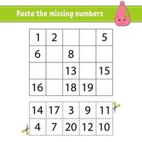 Paste the missing numbers. Handwriting practice. Learning numbers for kids. Education developing worksheet. Activity page. Game for children. Isolated vector illustration in cute cartoon style.