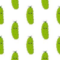 Happy cucumber. Colored seamless pattern with cute cartoon character. Simple flat vector illustration isolated on white background. Design wallpaper, fabric, wrapping paper, covers, websites.
