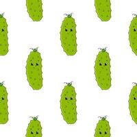 Happy cucumber. Colored seamless pattern with cute cartoon character. Simple flat vector illustration isolated on white background. Design wallpaper, fabric, wrapping paper, covers, websites.