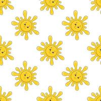 Happy sun. Colored seamless pattern with cute cartoon character. Simple flat vector illustration isolated on white background. Design wallpaper, fabric, wrapping paper, covers, websites.