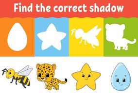 Find the correct shadow. Education developing worksheet. Matching game for kids. Activity page. Puzzle for children. Riddle for preschool. Cute character. Isolated vector illustration. Cartoon style.