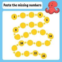 Paste the missing numbers. Handwriting practice. Learning numbers for kids. Education developing worksheet. Activity page. Game for children. Isolated vector illustration in cute cartoon style.