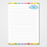 Sheet template for notebook, notepad, diary. Funny character. Isolated vector illustration. Cartoon style.