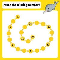 Paste the missing numbers. Handwriting practice. Learning numbers for kids. Education developing worksheet. Activity page. Game for children. Isolated vector illustration in cute cartoon style.