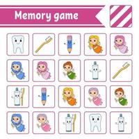 Memory game for kids. Education developing worksheet. Activity page with pictures. Puzzle game for children. Logical thinking training. Isolated vector illustration. Funny character. Cartoon style.