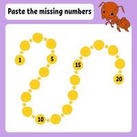 Paste the missing numbers. Handwriting practice. Learning numbers for kids. Education developing worksheet. Activity page. Game for children. Isolated vector illustration in cute cartoon style.