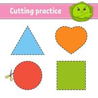 Cutting practice for kids. Education developing worksheet. Activity page with pictures. Game for children. Isolated vector illustration. Funny character. Cartoon style.