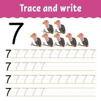 Trace and write. Handwriting practice. Learning numbers for kids. Education developing worksheet. Activity page. Game for toddlers and preschoolers. Isolated vector illustration in cute cartoon style.