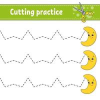 Cutting practice for kids. Education developing worksheet. Activity page with pictures. Game for children. Isolated vector illustration. Funny character. Cartoon style.