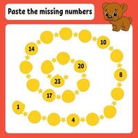 Paste the missing numbers. Handwriting practice. Learning numbers for kids. Education developing worksheet. Activity page. Game for children. Isolated vector illustration in cute cartoon style.