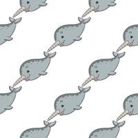 Happy narwhal. Colored seamless pattern with cute cartoon character. Simple flat vector illustration isolated on white background. Design wallpaper, fabric, wrapping paper, covers, websites.