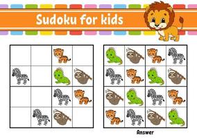 sudoku para niños. hoja de trabajo de desarrollo educativo. página de actividades con imágenes. juego de rompecabezas para niños. entrenamiento del pensamiento lógico. ilustración vectorial aislada. personaje divertido. estilo de dibujos animados. vector