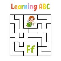 Square maze. Game for kids. Quadrate labyrinth. Education worksheet. Activity page. Learning alphabet. Cute cartoon style. Find the right way. Logical conundrum. Color vector illustration.