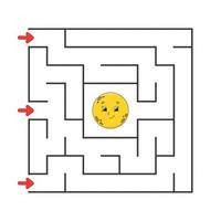 Funny square maze. Game for kids. Puzzle for children. Cartoon style. Labyrinth conundrum. Color vector illustration. Find the right path. The development of logical and spatial thinking.