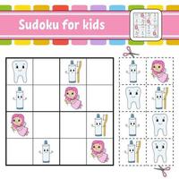 Sudoku for kids. Education developing worksheet. Activity page with pictures. Puzzle game for children. Logical thinking training. Isolated vector illustration. Funny character. Cartoon style.