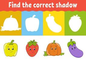 Find the correct shadow. Education developing worksheet. Matching game for kids. Activity page. Puzzle for children. Riddle for preschool. Cute character. Isolated vector illustration. Cartoon style.