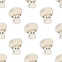 Happy mushroom. Colored seamless pattern with cute cartoon character. Simple flat vector illustration isolated on white background. Design wallpaper, fabric, wrapping paper, covers, websites.