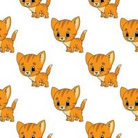 Happy kitten. Colored seamless pattern with cute cartoon character. Simple flat vector illustration isolated on white background. Design wallpaper, fabric, wrapping paper, covers, websites.