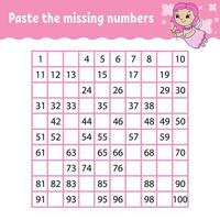 Paste the missing numbers. Handwriting practice. Learning numbers for kids. Education developing worksheet. Activity page. Game for children. Isolated vector illustration in cute cartoon style.