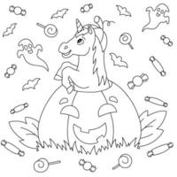 Funny unicorn jumping out of a pumpkin for halloween holiday. Coloring book page for kids. Cartoon style character. Vector illustration isolated on white background.