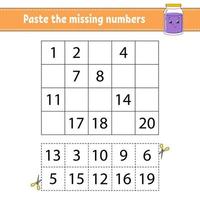 Paste the missing numbers. Handwriting practice. Learning numbers for kids. Education developing worksheet. Activity page. Game for children. Isolated vector illustration in cute cartoon style.