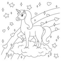 Magic fairy unicorn on cloud. Cute horse. Coloring book page for kids. Cartoon style. Vector illustration isolated on white background.