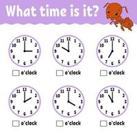 Learning time on the clock. Educational activity worksheet for kids and toddlers. Game for children. Simple flat isolated vector illustration in cute cartoon style.