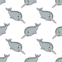 Happy narwhal. Colored seamless pattern with cute cartoon character. Simple flat vector illustration isolated on white background. Design wallpaper, fabric, wrapping paper, covers, websites.