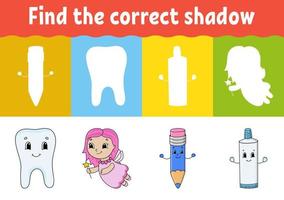 Find the correct shadow. Education developing worksheet. Matching game for kids. Activity page. Puzzle for children. Riddle for preschool. Cute character. Isolated vector illustration. Cartoon style.