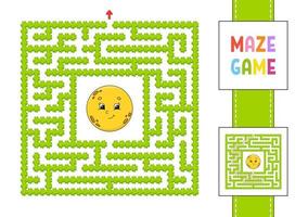 Funny square maze. Game for kids. Puzzle for children. Cartoon style. Labyrinth conundrum with character. Color vector illustration. Find the right path. With answer.