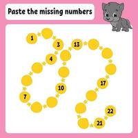 Paste the missing numbers. Handwriting practice. Learning numbers for kids. Education developing worksheet. Activity page. Game for children. Isolated vector illustration in cute cartoon style.