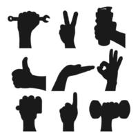 Male hand gestures. Black silhouette. Design element. Vector illustration isolated on white background. Template for books, stickers, posters, cards, clothes.