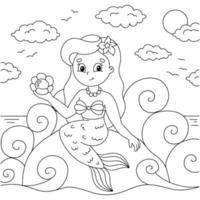 Young beautiful little mermaid sits on a stone. Coloring book page for kids. Cartoon style character. Vector illustration isolated on white background.