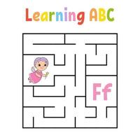 Square maze. Game for kids. Quadrate labyrinth. Education worksheet. Activity page. Learning alphabet. Cute cartoon style. Find the right way. Logical conundrum. Color vector illustration.