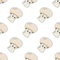 Happy mushroom. Colored seamless pattern with cute cartoon character. Simple flat vector illustration isolated on white background. Design wallpaper, fabric, wrapping paper, covers, websites.