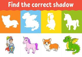 Find the correct shadow. Education worksheet. Matching game for kids. Fairytale theme. Color activity page. Puzzle for children. Cartoon character. Isolated vector illustration.