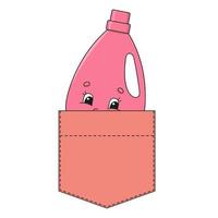 Pink cleanser in shirt pocket. Cute character. Colorful vector illustration. Cartoon style. Isolated on white background. Design element. Template for your shirts, books, stickers, cards, posters.